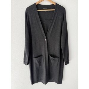 Eileen Fisher 100% Merino Wool One Button Long Cardigan Sweater Medium Grey
